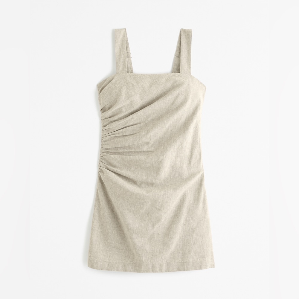 Linen-Blend Ruched Squareneck Mini Dress - ECRU LARGE
